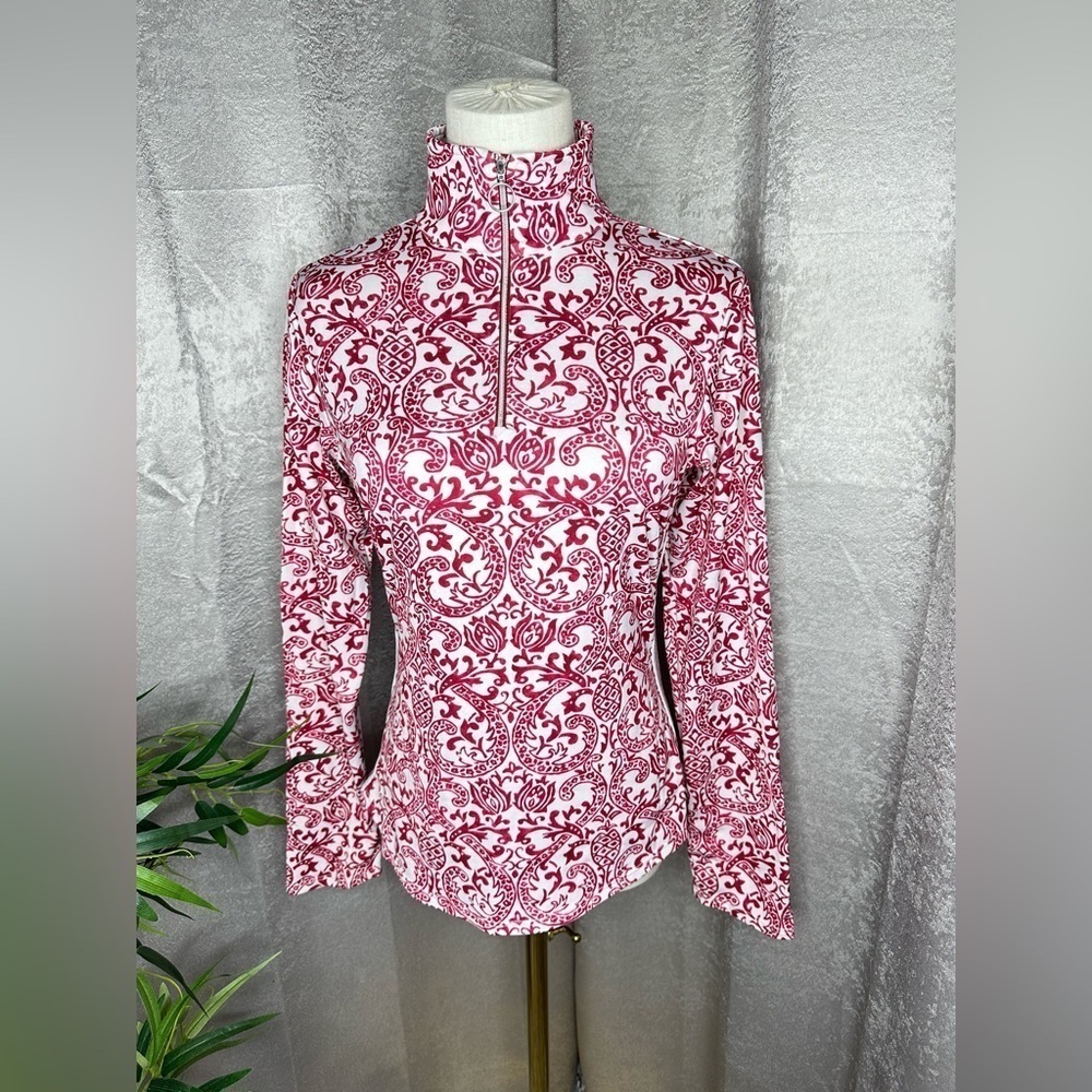 Athleta Women’s Paisley Print 1/4 Zip Long Sleeve Pull Over Top Red & White S